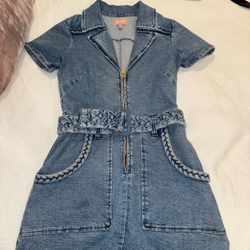 Show Me Your MuMu Blue Denim Dress Short Sleeve Notched Collar